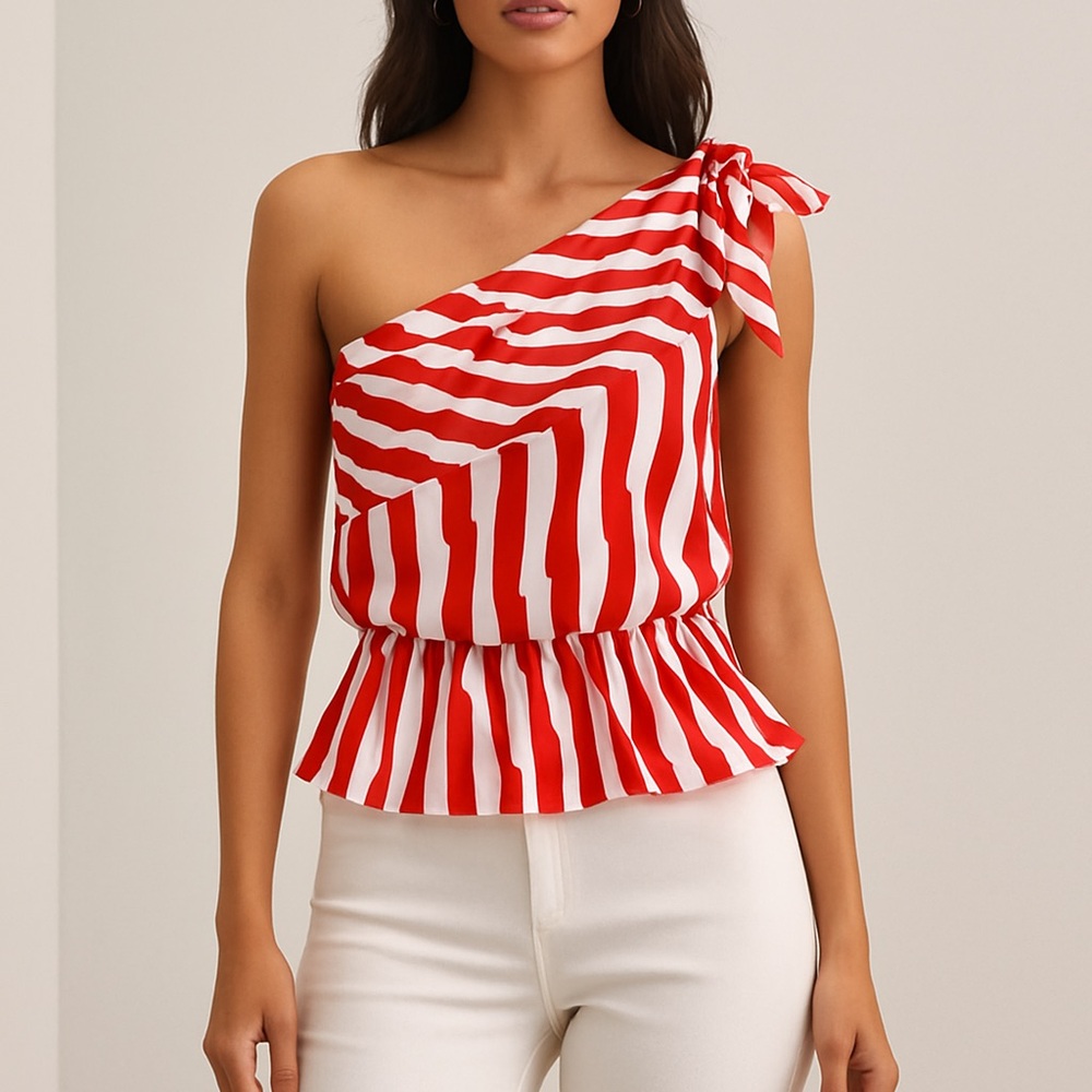 Red and White Striped One-Shoulder Top